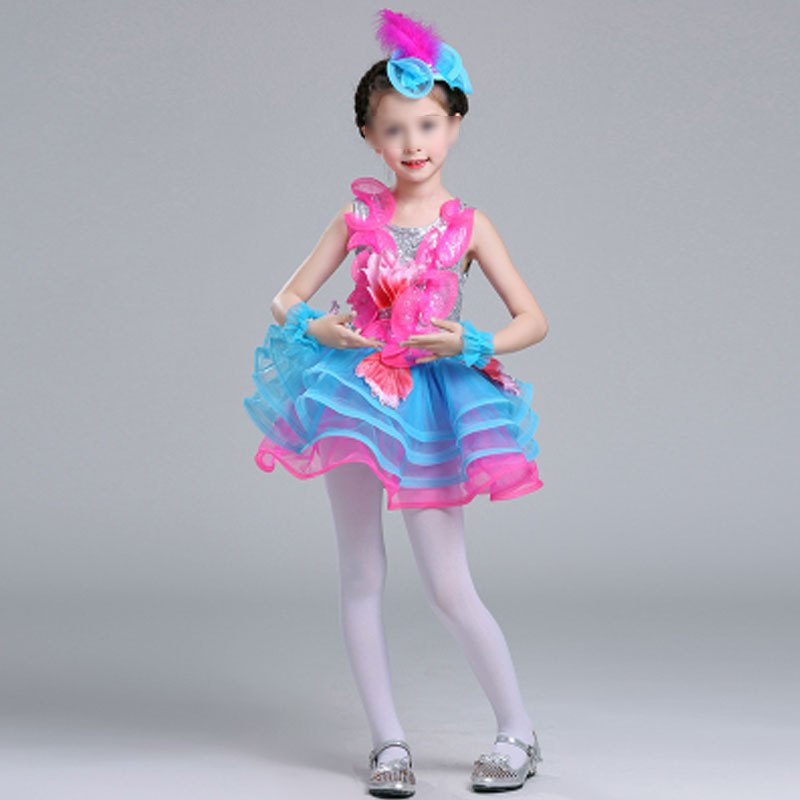六一儿童节女演出服装蓬蓬纱裙花朵裙幼儿园少小学生跳舞波浪花彩纱女孩子夏天裙子 100cm V形花朵天蓝色