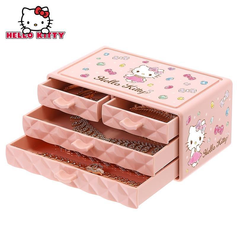 Hellokitty桌面化妆品收纳盒透明塑料桌面口红护肤品收纳盒_6 KT三层钻石纹实粉抽屉2+2