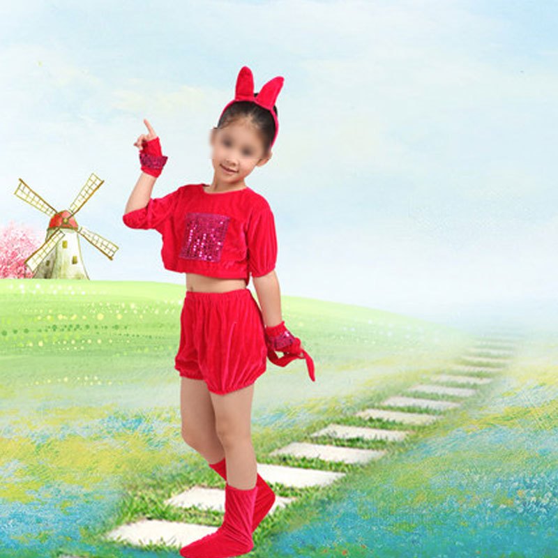 六一儿童节动物演出服儿童男女夏舞蹈服装小猫狗小兔子老鼠表演服卡通可爱男女宝宝夏季套装 100cm 枚红兔子
