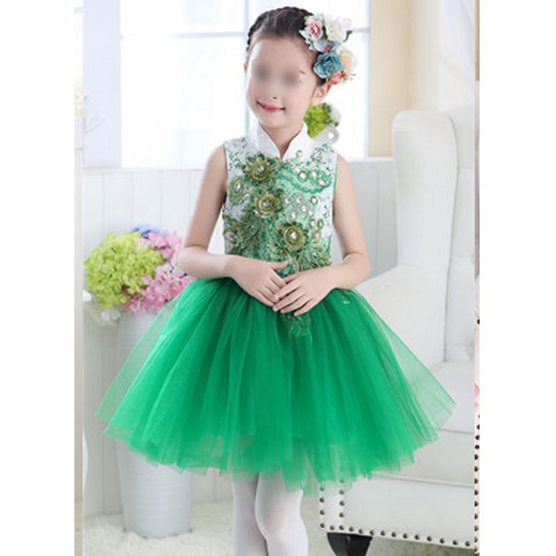 六一儿童合唱表演服女童舞蹈蓬蓬裙幼儿园中小学生大合唱团演出服通用裙子简约小清新婴童裙子 170cm 绿色