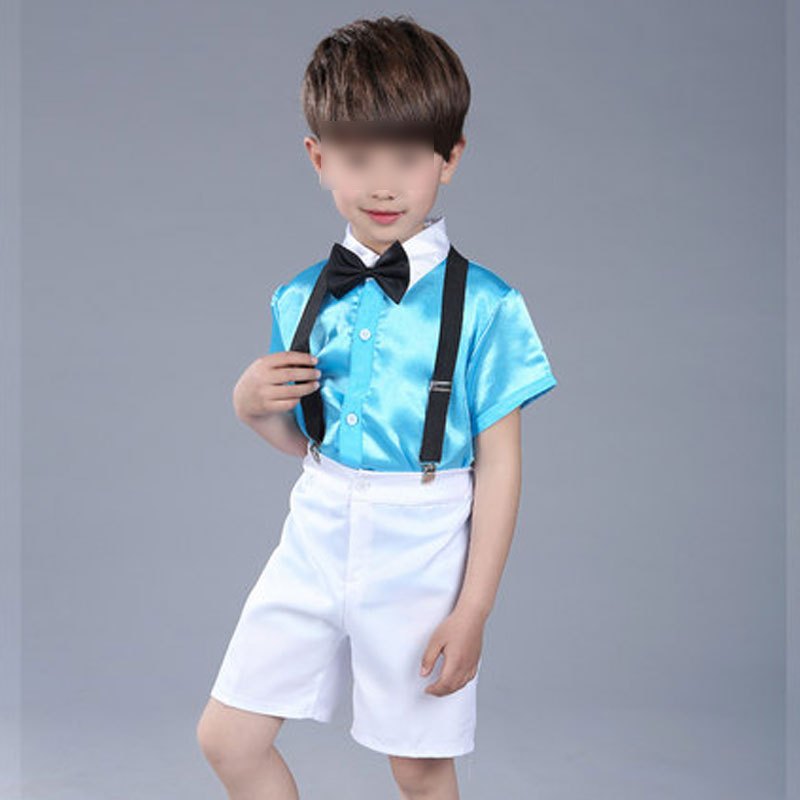 六一儿童演出服装女蓬蓬纱裙幼儿园跳舞蹈小学生合唱表演服男童被太苦套装演出服简约婴童套装 160cm 背带《短裤》蓝色