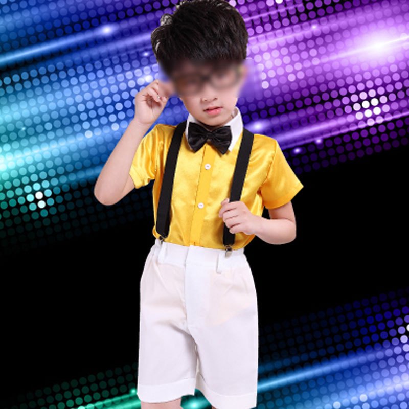 六一儿童男女童蓬蓬背带裤演出服中小学生幼儿园大合唱表演男孩子帅气洋气夏季套装 110cm 男款短黄上衣+白裤+黑色结