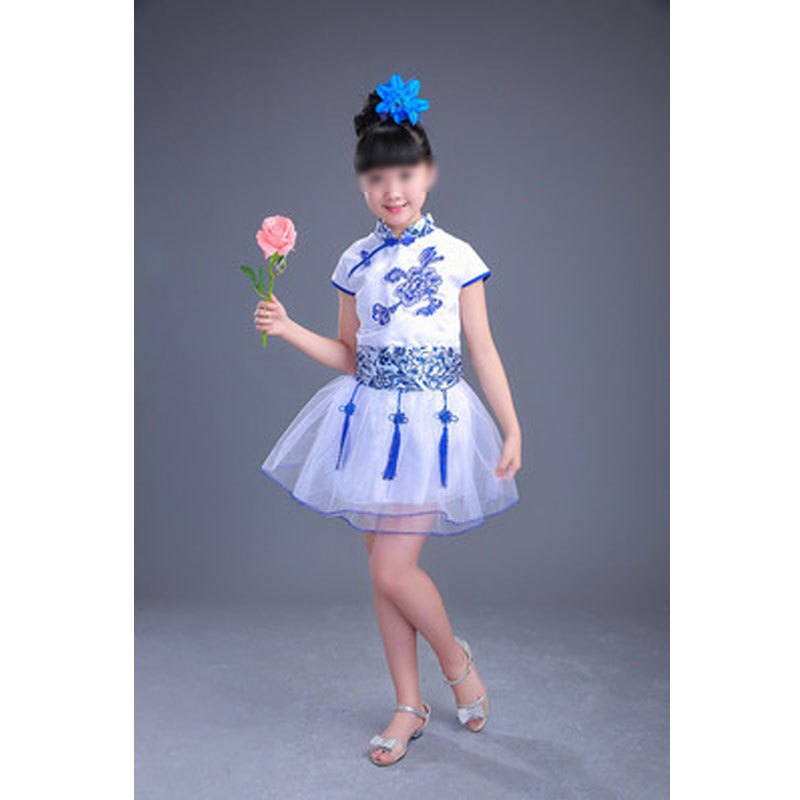 六一儿童舞蹈服男女演出服装少儿中国风青花瓷唐装幼儿礼服合唱服夏季男孩子套装 140cm 青花瓷女款