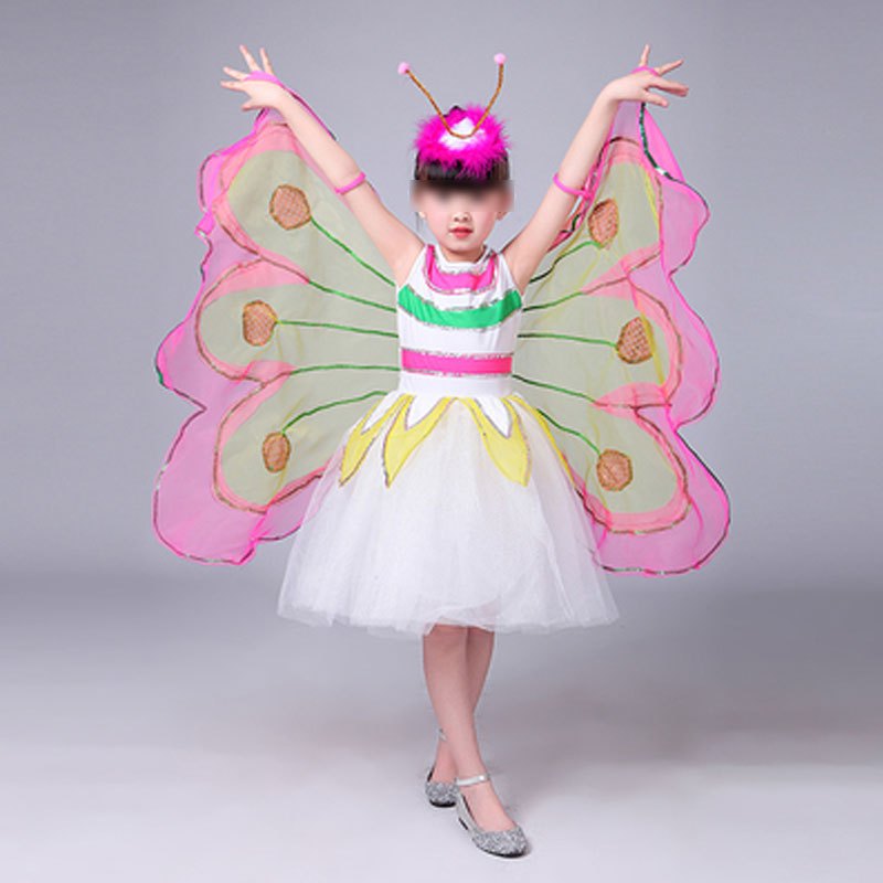 儿童表演服蝴蝶虫儿飞演出服女童舞蹈服小孩翅膀衣服幼儿表演纱裙可爱女孩子夏季套装 110cm B款白色（衣服+翅膀）