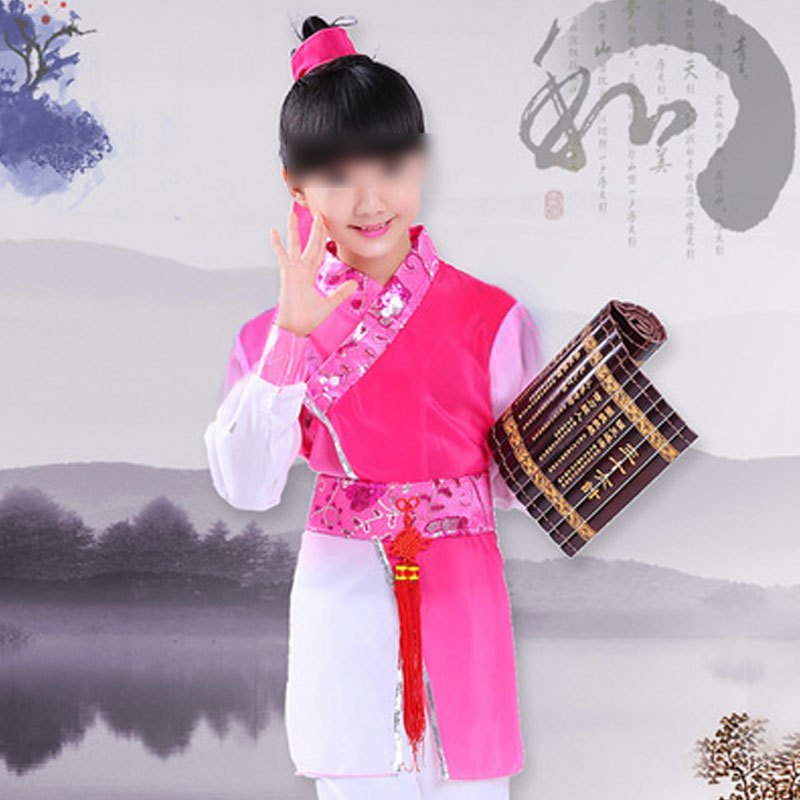 古装汉服儿童弟子规三字经国学朗诵演出服女小学生幼儿园书童男孩子女孩子春夏秋季套装 120cm 中国节(玫红色）