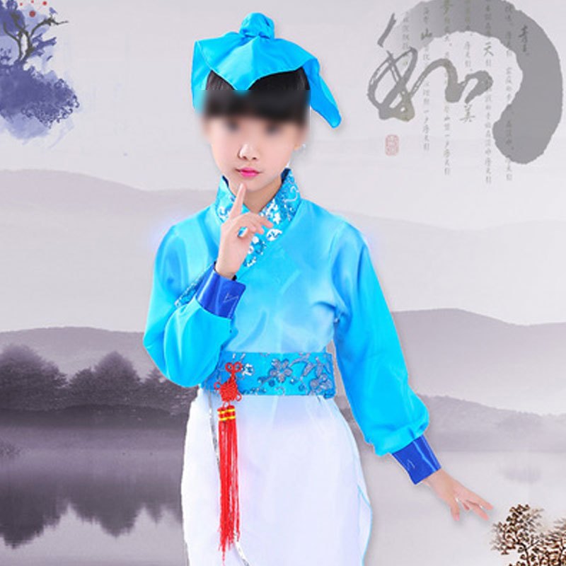 古装汉服儿童弟子规三字经国学朗诵演出服女小学生幼儿园书童男孩子女孩子春夏秋季套装 140cm 中国节（天蓝色）