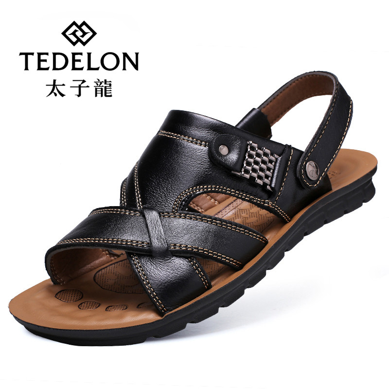太子龍(TEDELONENERGY)凉鞋男士真皮沙滩鞋夏季新款透气防滑户外休闲牛皮凉拖鞋男0623 黑色 42码