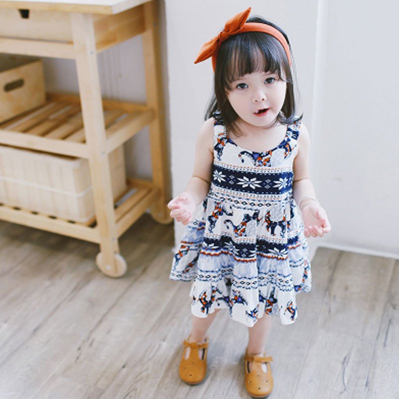 女童连衣裙婴儿裙子碎花儿童裙子宝宝夏装简约小清新婴童裙子小女孩夏天背心夏季连衣裙 130cm 白底大象