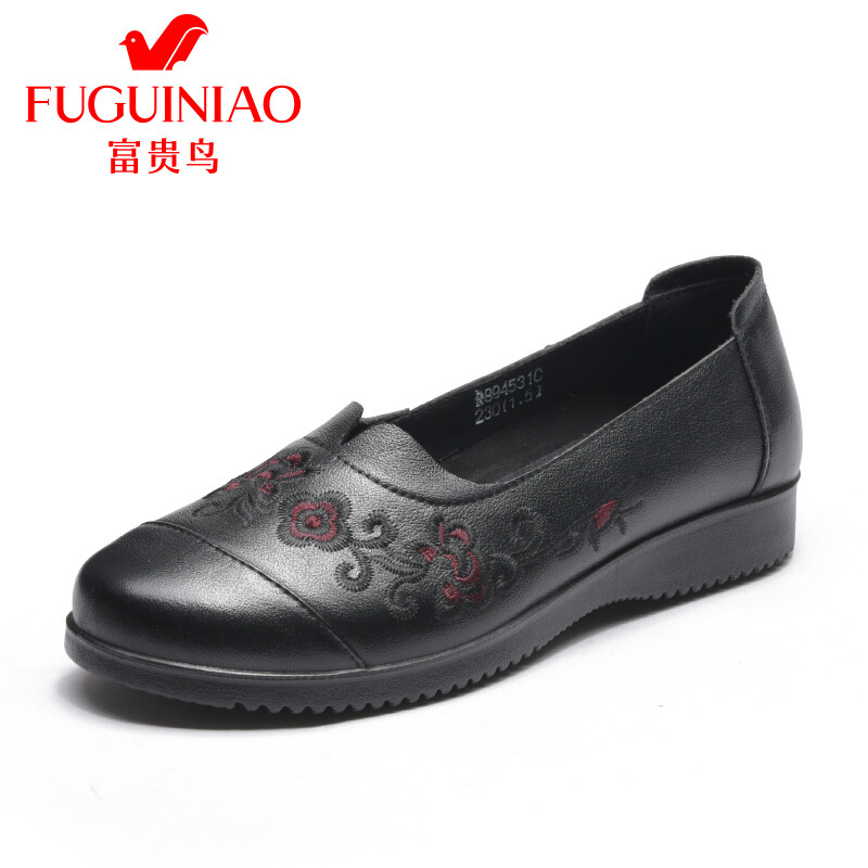 富贵鸟（FUGUINIAO）18年春季单鞋防滑刺绣平底妈妈鞋软底中老年奶奶鞋 黑色 40