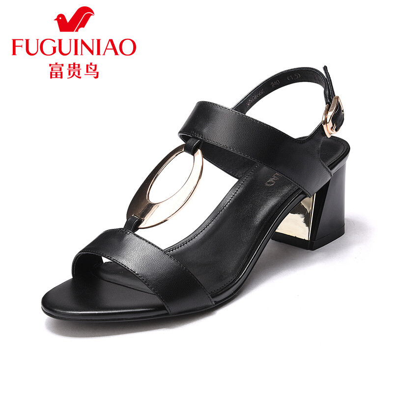 富贵鸟（FUGUINIAO）女鞋凉鞋女白色高跟鞋粗跟简约百搭凉鞋_1 黑色 35