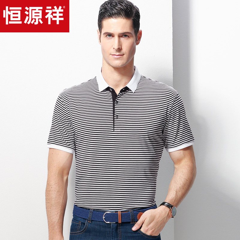 恒源祥新款短袖男T恤中年商务休闲T恤男翻领细条纹爸爸装衣服男_1 170/88A 黑色
