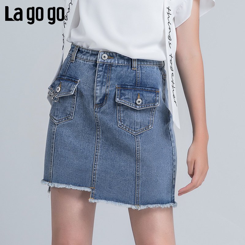 Lagogo2018夏季新款时尚半裙小清新短裙高腰裙子女牛仔半身裙女_1 155/S/36 靛蓝色（N0）
