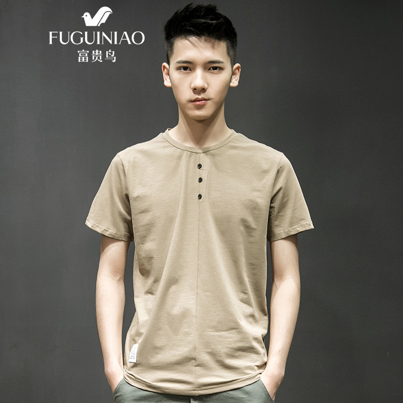 富贵鸟(FUGUINIAO)短袖t恤男2018夏季新品纯色日系宽松男士短袖上衣 18182FG001 L 卡其色