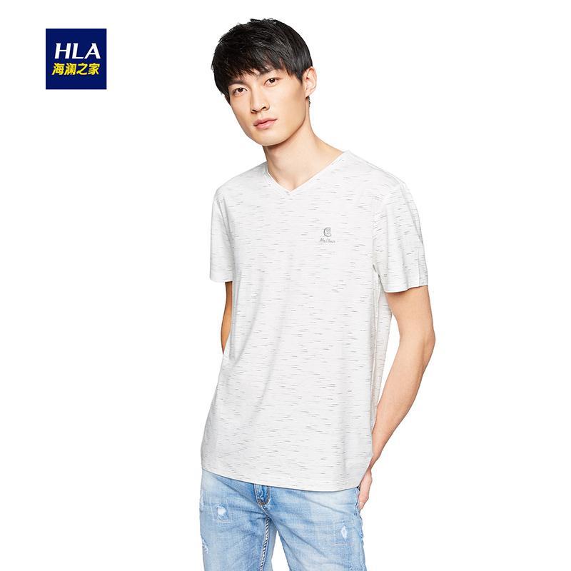 HLA海澜之家时尚V领短袖T恤2018夏季新品别致条纹T恤男HNTBJ2E188A_1 165/84A/S 米白花纹J8
