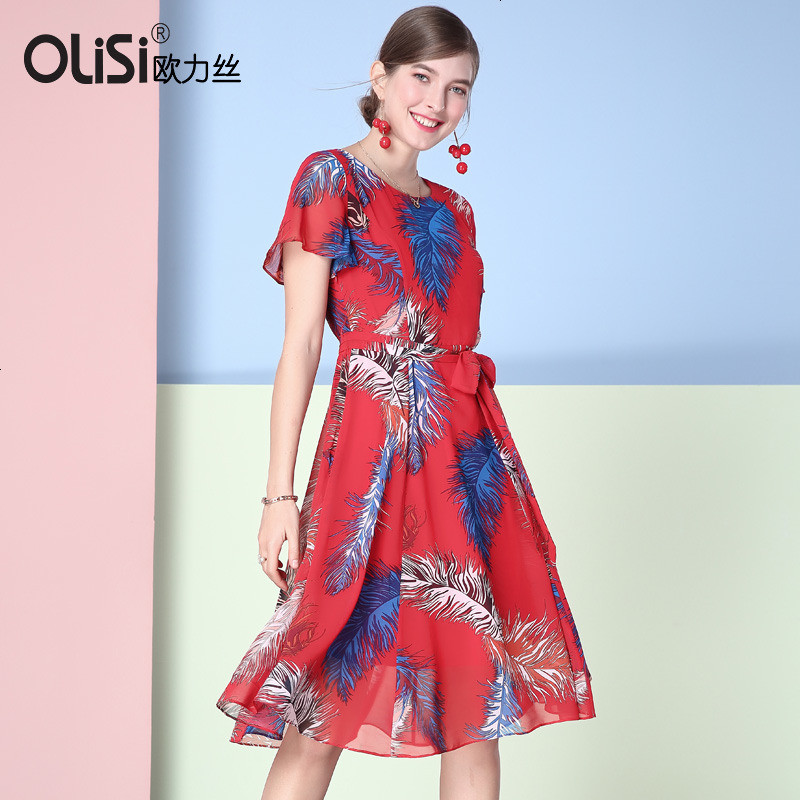 OLiSi2018新款优雅古典气质圆领显瘦连衣裙 XL 红多色