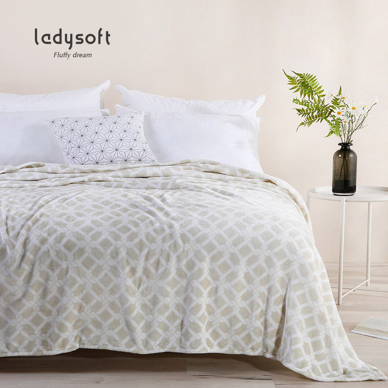 ladysoft御棉堂 法兰绒纯色毛毯双人盖毯午睡毯空调毯春夏盖毯床上用品 2.3*2.4M 印花米色