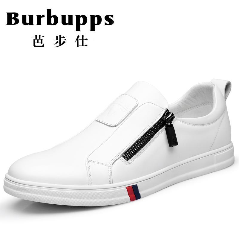 法国品牌Burbupps芭步仕新款真皮商务休闲鞋男士套脚舒适耐磨低帮板鞋牛皮男鞋 白色 37码
