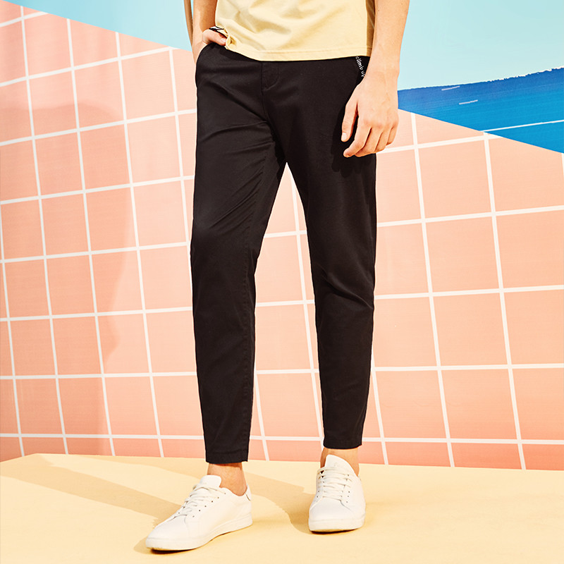 A21以纯线上品牌2018夏季新品男装休闲裤男修身弹力小脚九分裤男4821041001黑色_1 29 黑色