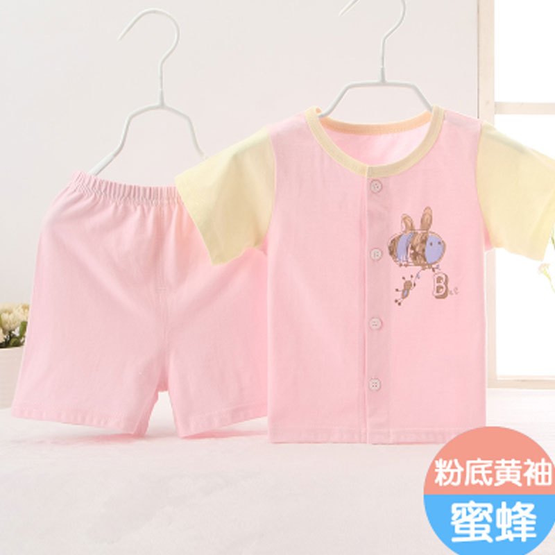 婴儿短袖短裤内衣套装儿童夏季衣服男女宝宝圆领睡衣短裤两件套装夏装简约小清新婴童套装 36M参考身高85-100cm 粉底黄袖蜜蜂短袖套装