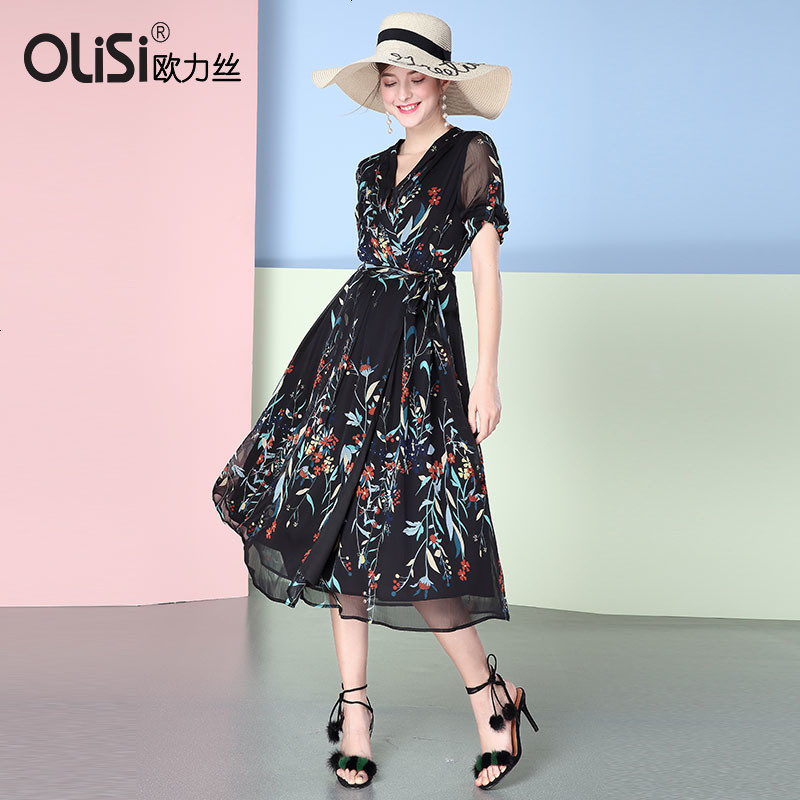 OLiSiV领修身时尚连衣裙 XL 黑多色