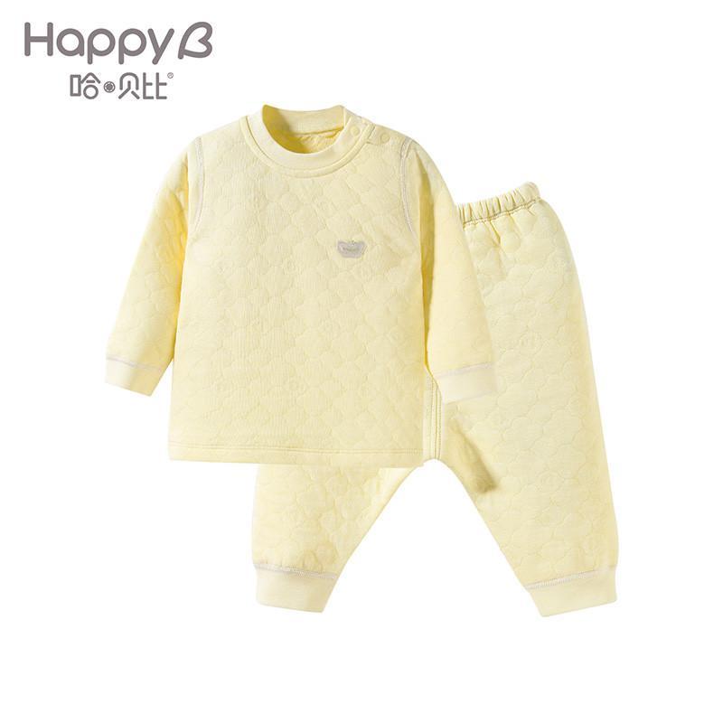 哈贝比（happyB）哈贝比婴儿衣服婴儿内衣套装男女宝宝秋冬夹丝保暖肩开套装 100(2-3岁) 浅黄色夹丝肩开套装