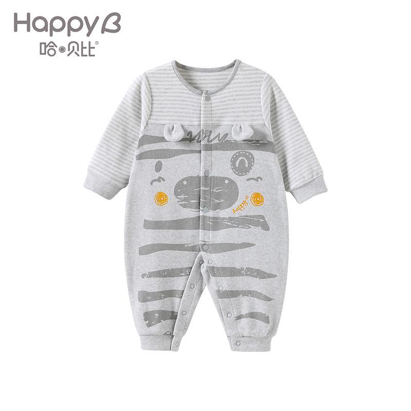 哈贝比（happyB）婴儿衣服婴儿装男宝宝连体衣前开扣外出服舒适柔软哈衣爬服 73(6-12月) 浅灰色