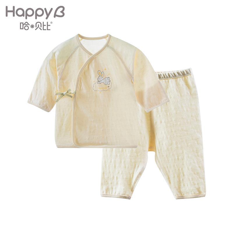 哈贝比（happyB）新生儿衣服轻薄透气和尚服宝宝绑带套装反口袖上衣裤子夏季 黄色 50(0-3月)