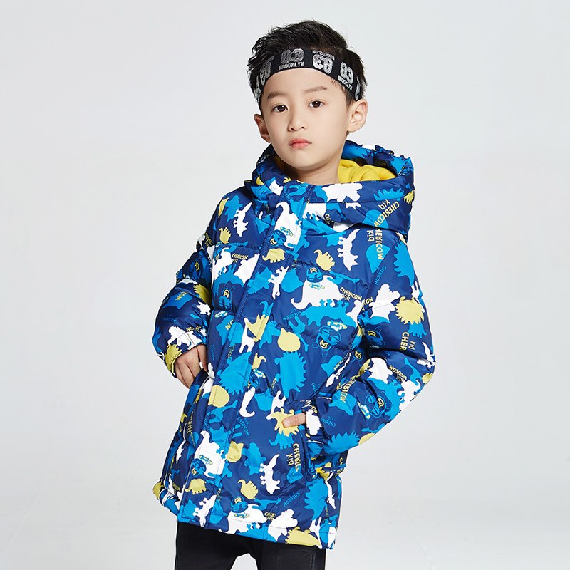 千仞岗2017秋冬新品童装中长款羽绒服花色连帽韩版男童装219867 130cm 迷彩蓝914