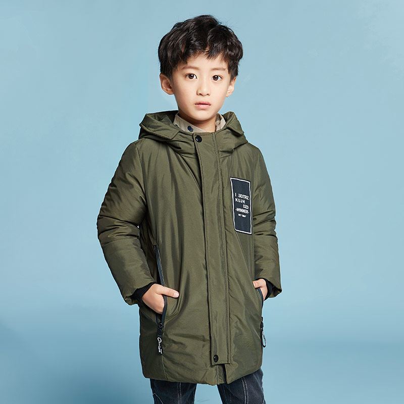 千仞岗2017新品童装羽绒服男贴布大眼睛印花连帽中长款外套229872 130cm 503海藻绿