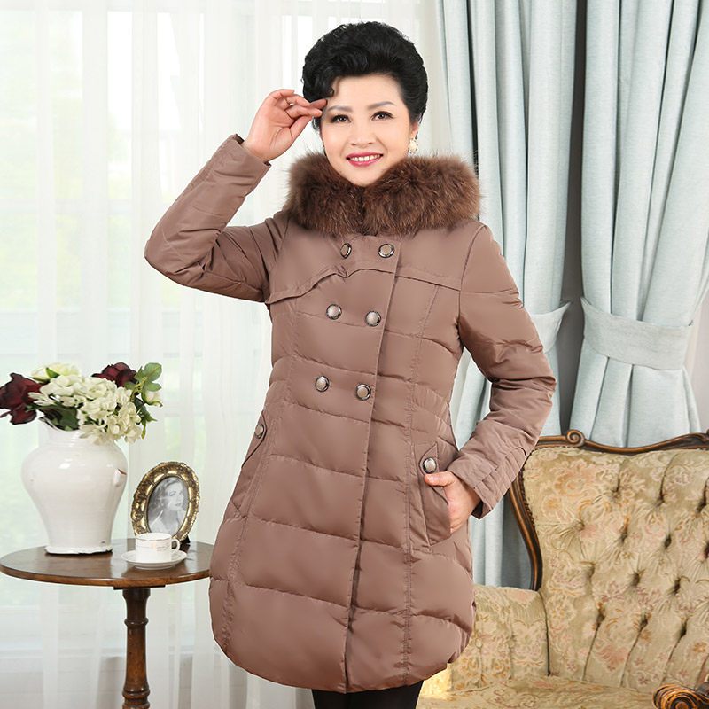 千仞岗2017秋冬新品中老年羽绒服女中长款大毛领冬季妈妈装1755 165/M 106卡其色