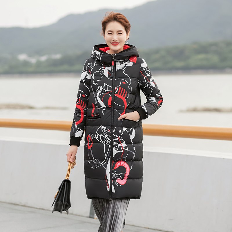 千仞岗2017秋冬新品羽绒服女装过膝长款韩版连帽涂鸦款外套 160/S 925涂鸦红