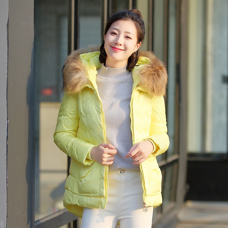 千仞岗2017秋冬新品羽绒服女中长款连帽貉子大毛领a版女装外套 175/XL 黄色301