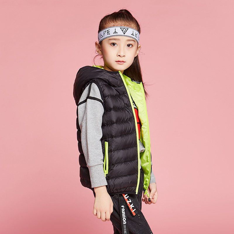 千仞岗2017秋冬新款童装羽绒服女童男童连帽撞色羽绒马甲229801 140cm 005魔力黑