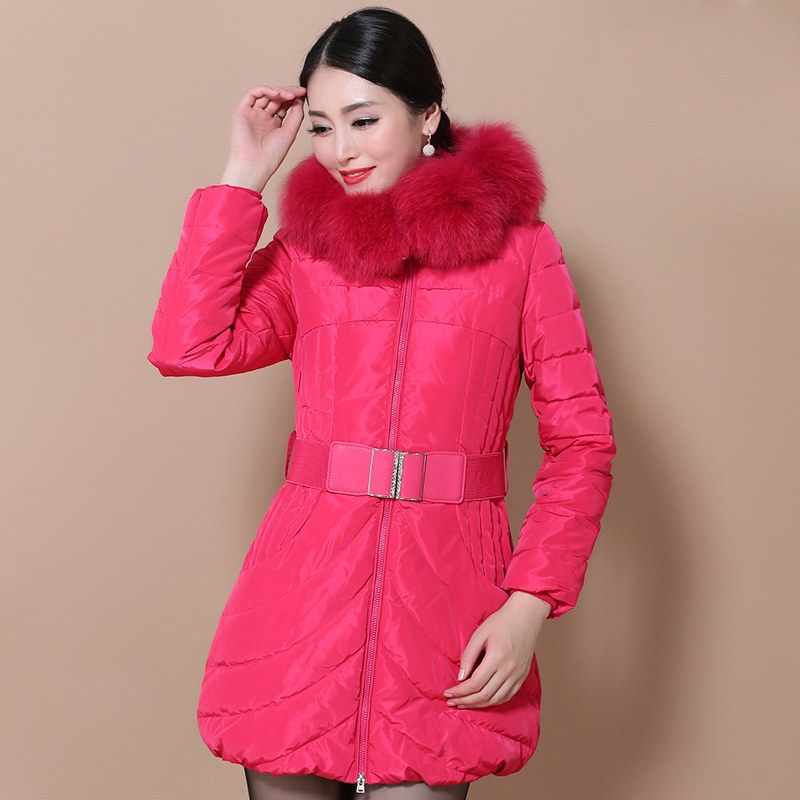 千仞岗秋冬羽绒服女中长款大码狐狸毛领修身加厚冬装外套 170/L 122玫红