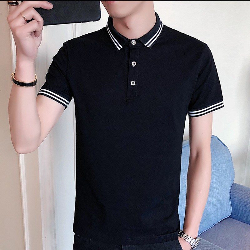 李维犀牛 2018男装夏新款男士纯棉舒适时尚韩版翻领纽扣短袖T恤衣服 bk M KW741黑色