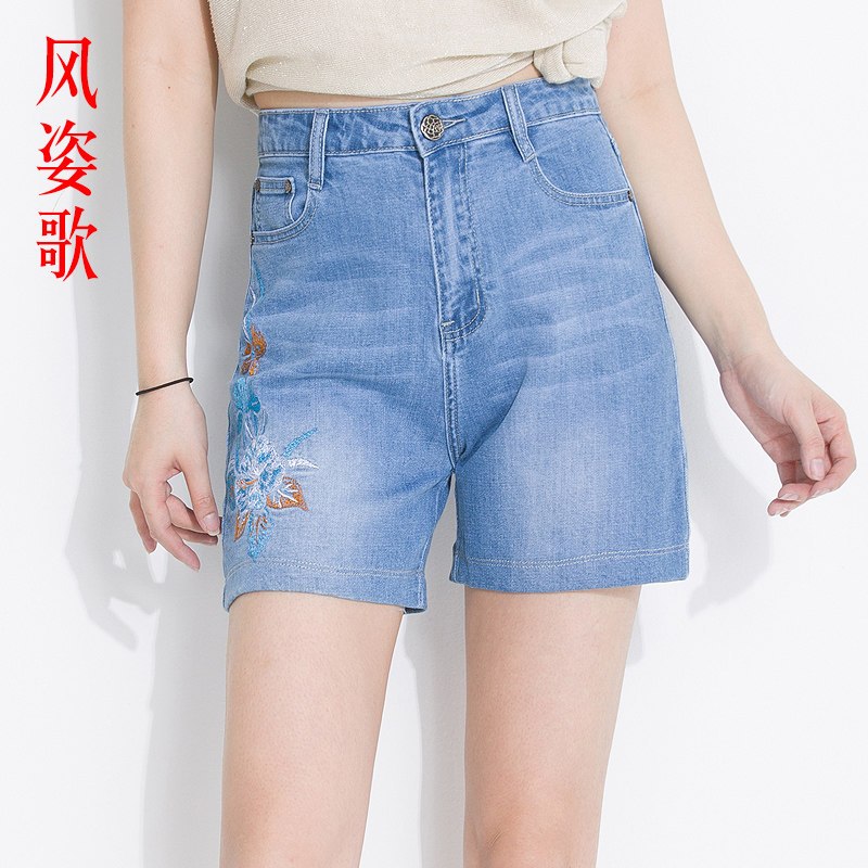 风姿歌2018夏季浅色弹力刺绣花牛仔裤短裤大码薄款高腰女裤635 36 图片色