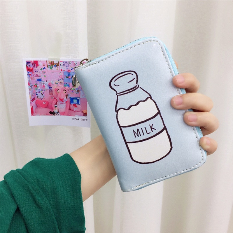韩国创意卡通印花拉链短款钱包女日系软妹学生卡包可爱少女心钱夹 卡通短款拉链钱包（MILK瓶子）