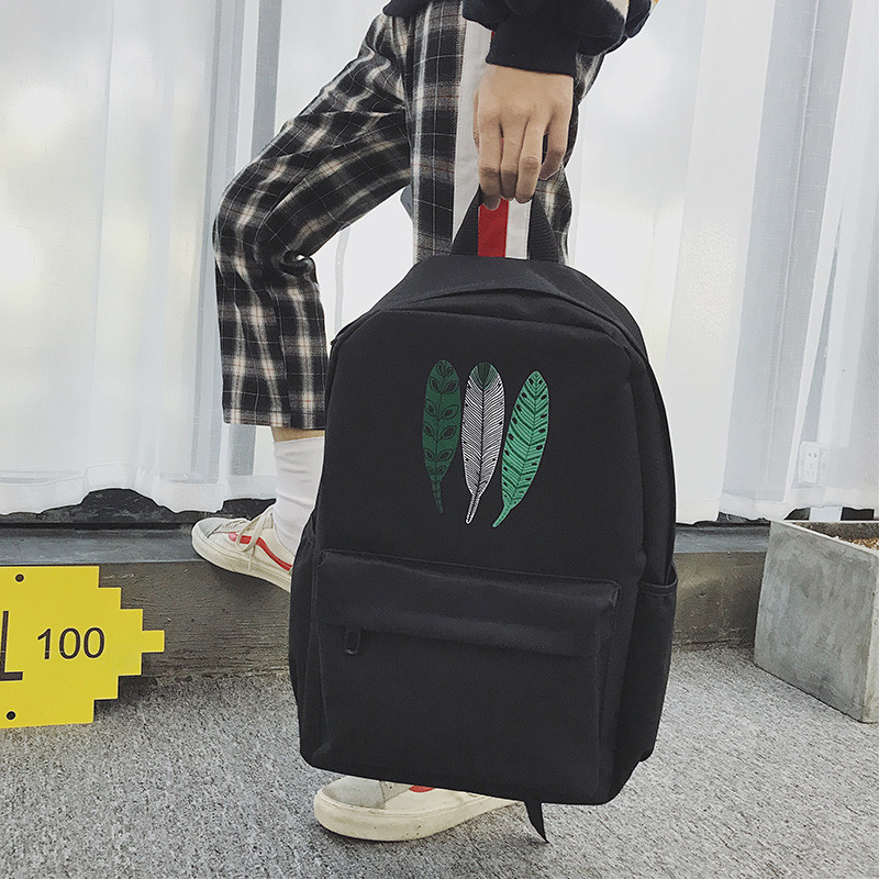 青少年学生帆布书包男时尚潮流简约日韩个性双肩背包休闲电脑背包_3 三片羽毛
