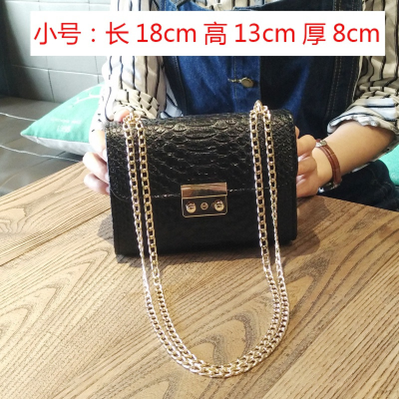 女包2018新款迷你百搭小包包鳄鱼纹链条小方包欧美时尚单肩斜挎包 黑色小号