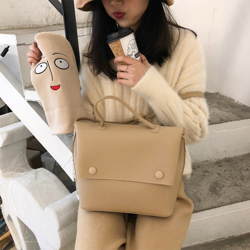 时尚通勤款2018新款韩版休闲加大手提单肩包百搭磁扣方形女包包 杏色