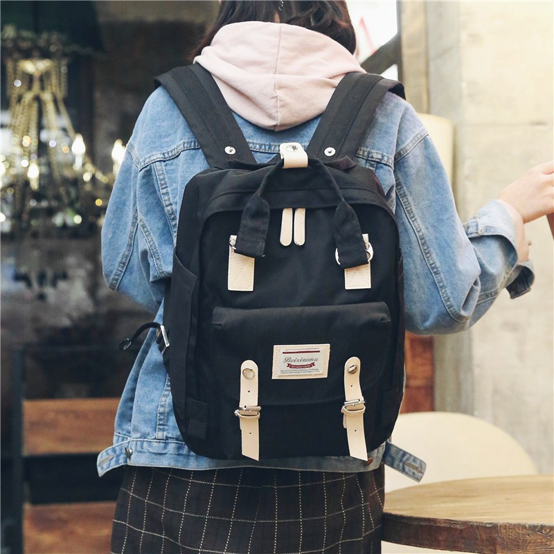 书包女韩版原宿简约高中校园学生小清新防水双肩包ins手提背包_1 纯色黑【中号】