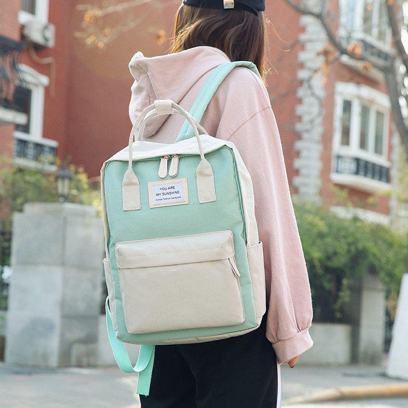书包女韩版原宿ulzzang高中学生森系学院风撞色百搭帆布双肩包_9 白绿拼色