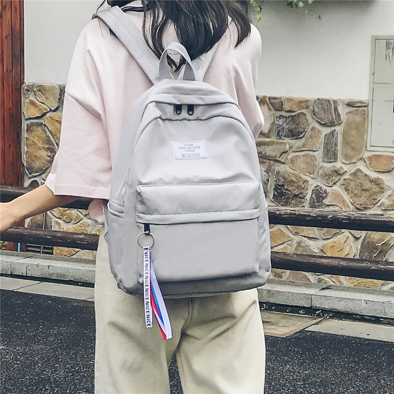 书包女原宿风小清新简约纯色帆布双肩包校园中学生韩版潮文艺背包_26 浅灰色【送小熊+笔袋】