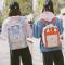 原宿风防水帆布双肩包女中学生韩版小清新书包少女bf学院风背包潮_20 嫩粉配灰色.【小号】【送小熊+笔袋】