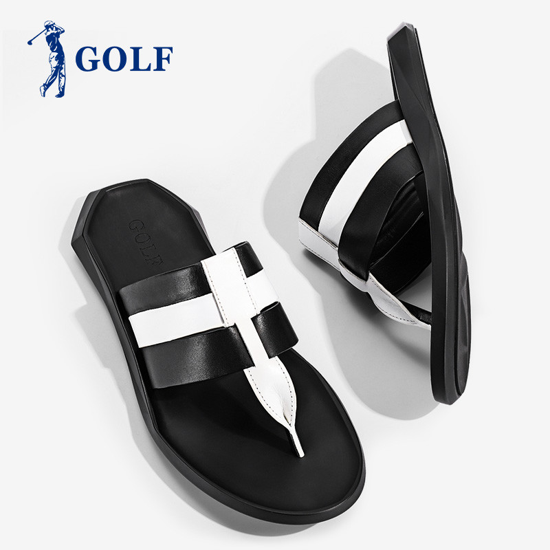 GOLF高尔夫男士拖鞋夏季新款潮凉拖时尚透气夹脚男鞋真皮休闲沙滩人字拖GM182422503 黑+白色 41码