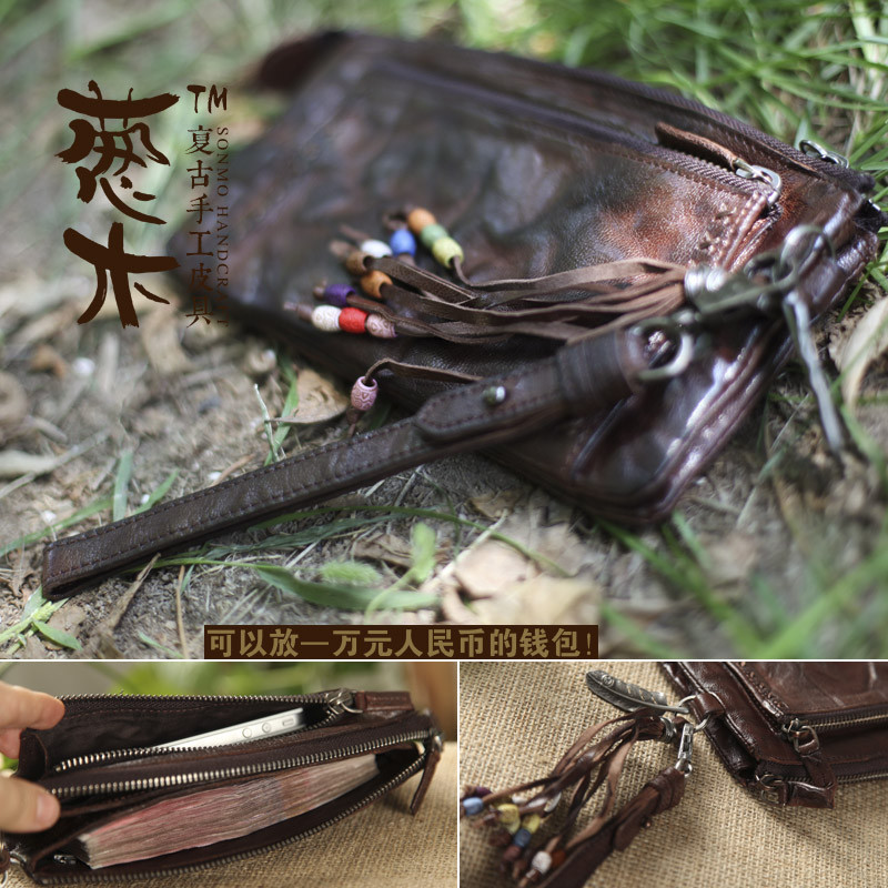 印第安流苏真皮复古植鞣牛皮手工财布粗犷钱包长款拉链大容量手包_3 咖啡色