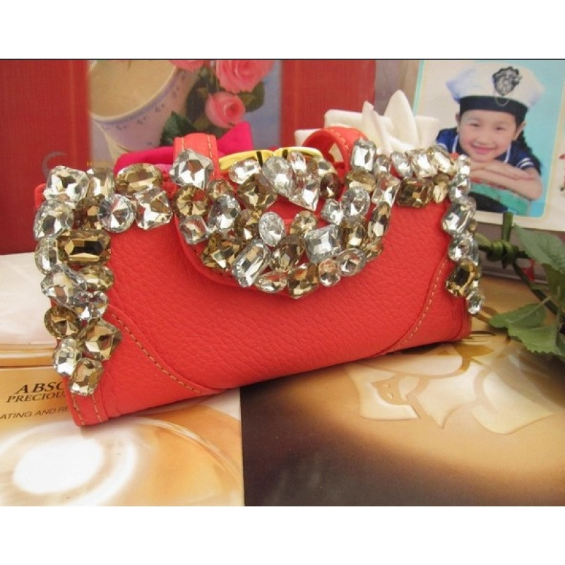 真皮钱包女长款时尚镶钻按扣多卡位水钻女士带钻钱夹手包大容量_1 水红