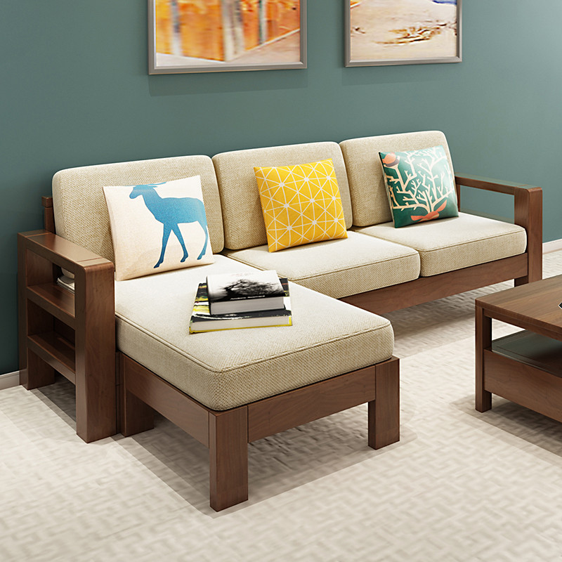 老故居 实木沙发 现代中式布艺沙发 转角组合实木沙发 大小户型客厅木质家具 三人位+脚踏+茶几（胡桃色）