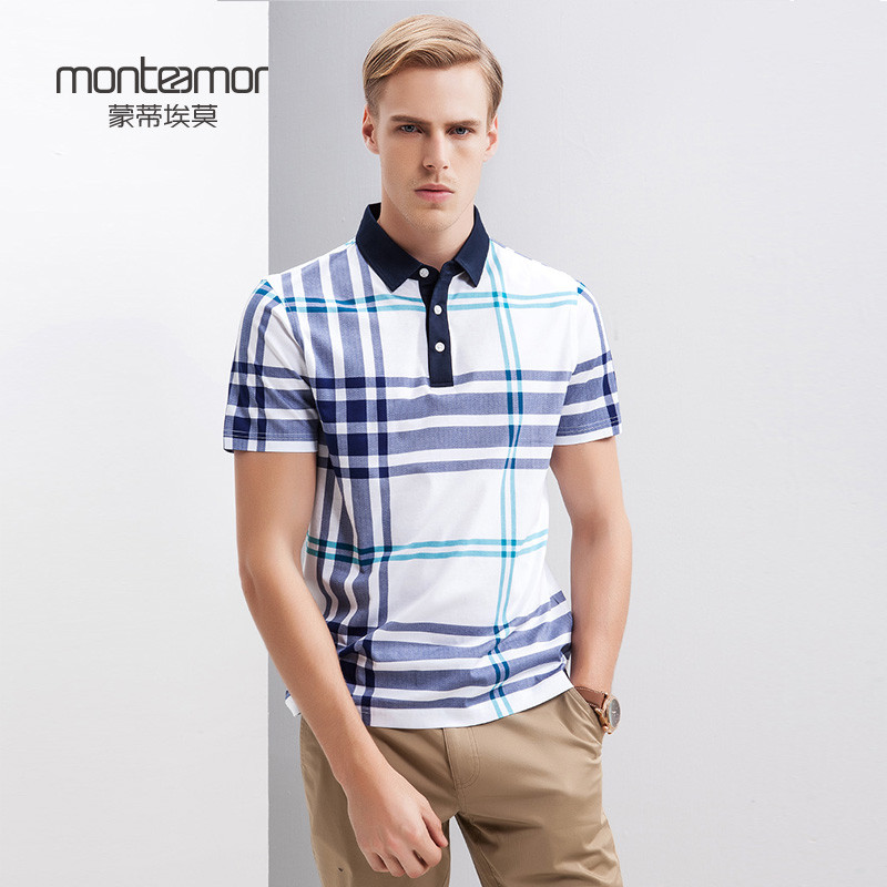 Monteamor/蒙蒂埃莫经典英格兰格调长绒棉短袖男士翻领T恤男 XS 绿蓝格