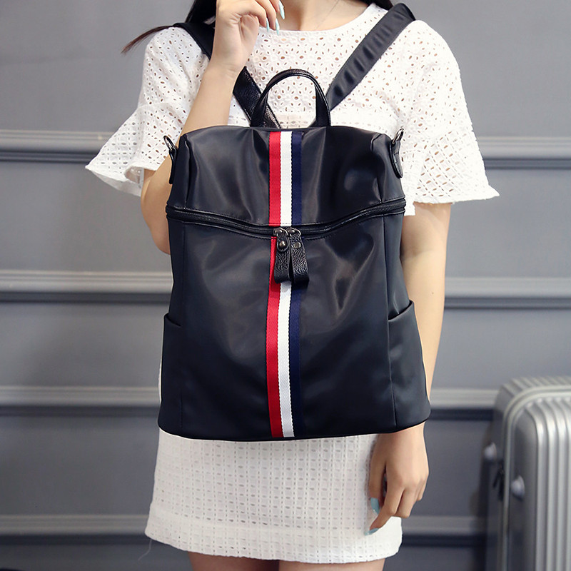 2018潮流韩版大容量撞色彩条尼龙双肩包女包学生书包休闲旅行背包_2 白色白撞红